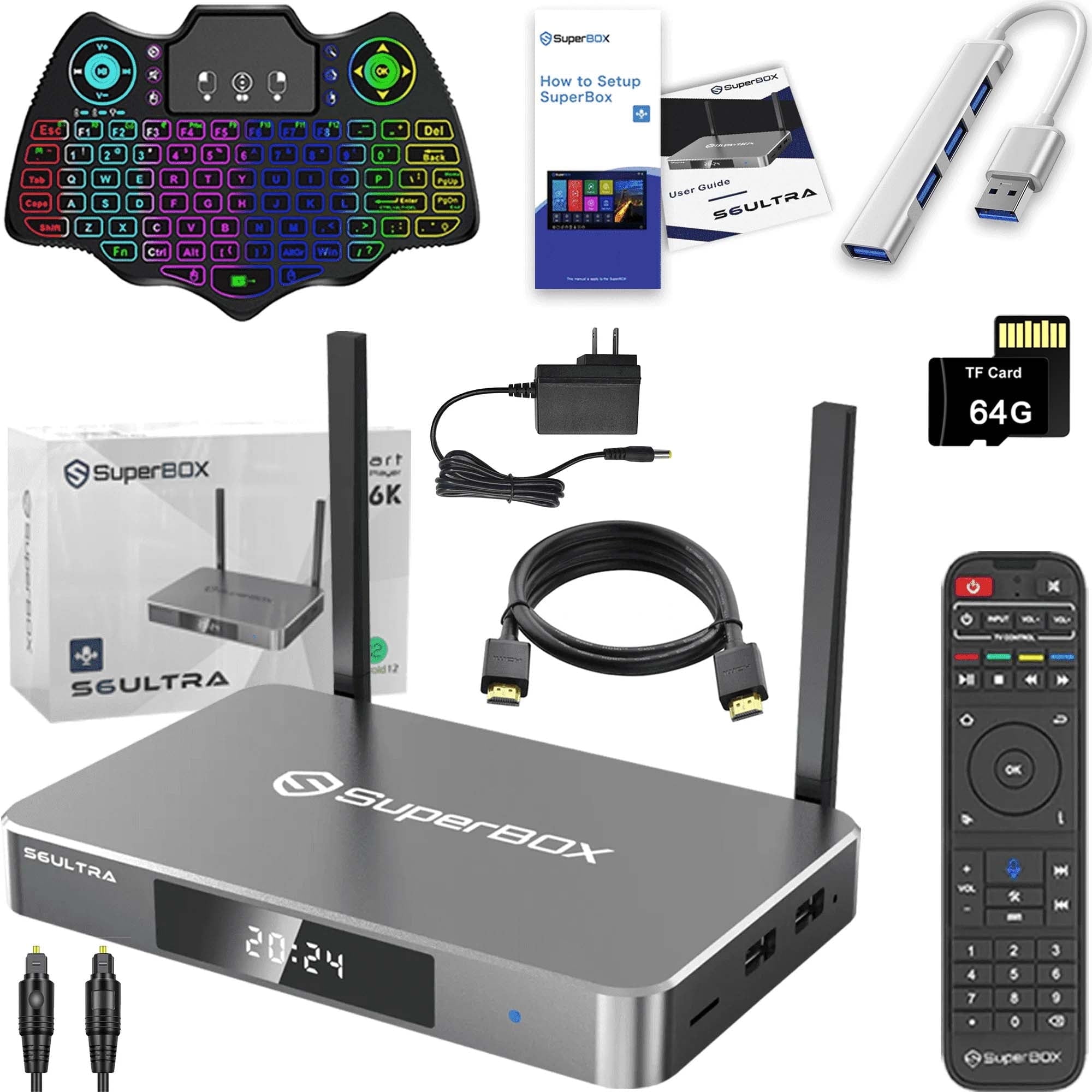 Super Box S6 Ultra Full Loaded TV Box 4G RAM & 128G Storage with USB Hub, Keyboard, 64 TF Card, Voice Remote, Audio Cable, HDMI Cord, Power Supply and Manuals