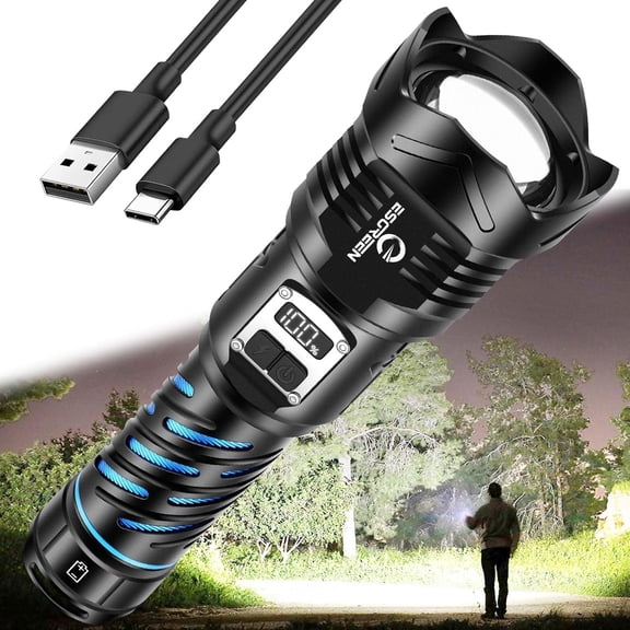 Super Bright Flashlight High Lumens 100000 Rechargeable, Strong 50W LED, Big 8.54” Length, Adjustable 5-Mode, Dual Buttons, Long Lasting 15H, Quick USB C Charge, LCD Display & Output, for Hiking Home