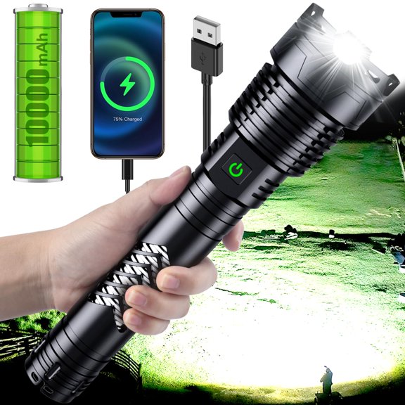 Super Bright LED Flashlight, 1000000 High Lumen Rechargeable Flashlights with Long Handle, 10000mAh Battery, Zoomable 5 Modes for Outdoor Camping, Emergencies, XHP160-L