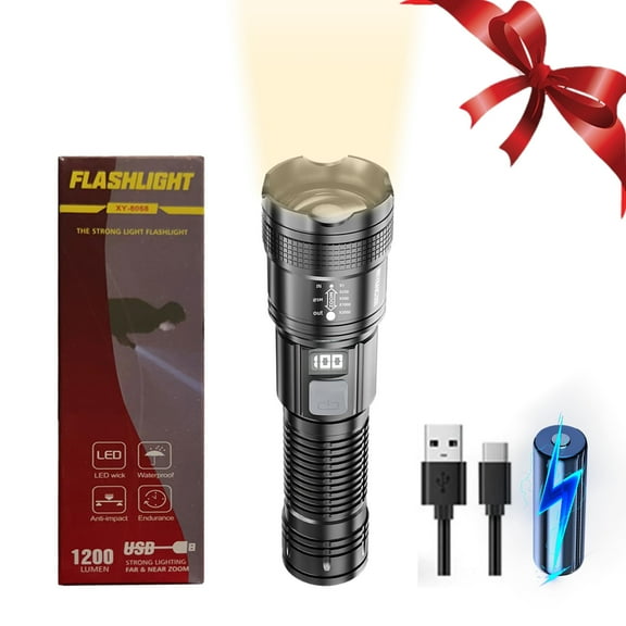 Super Bright LED Flashlight Rechargeable USB | LCD Battery Display, Zoomable 3 Modes | Waterproof Aluminum Alloy, 1800mAh Portable Handheld Torch, Black, 17.3cm