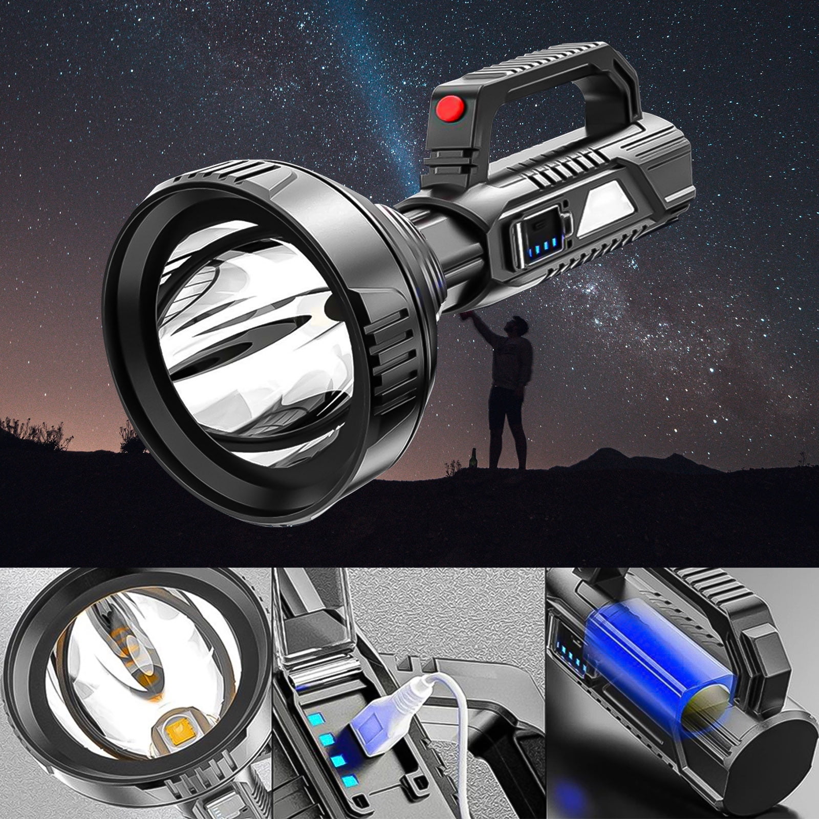 Super Bright Powerful Led Spotlight Flashlight USB Rechargeable High Lumen  Large Battery Powered Searchlight Waterproof Handheld Search Light Torch