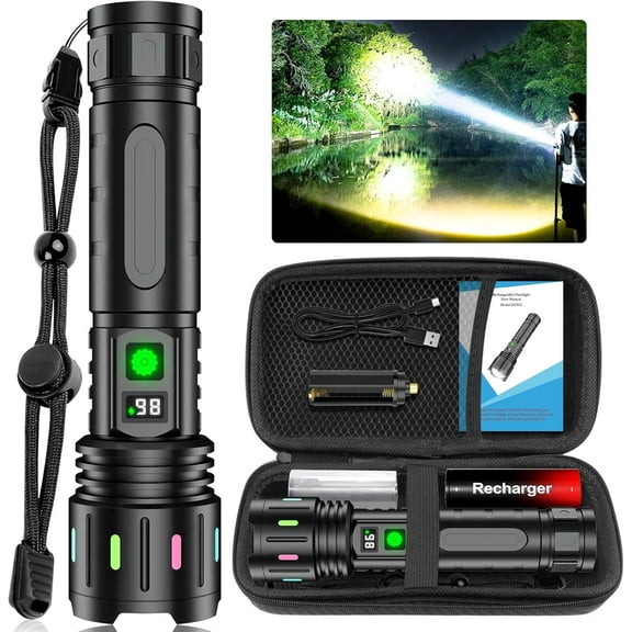 Super Bright LED Flashlights, IPX5 Waterproof High Powered Flashlights Rechargeable for Camping, Hiking,5 Modes Zoomable for Dog Walks, Hunting, Boat Trips, Power Outages, Patrol Rides