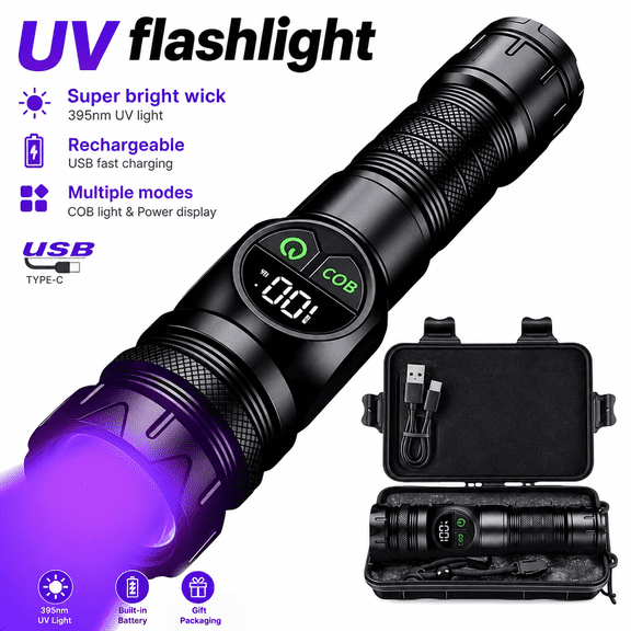 Super Bright LED Handheld Flashlight, 5 Dimming Modes, Large Capacity Battery, Built-in UV Light & Mini Nail Lamp, 3 Lighting Modes