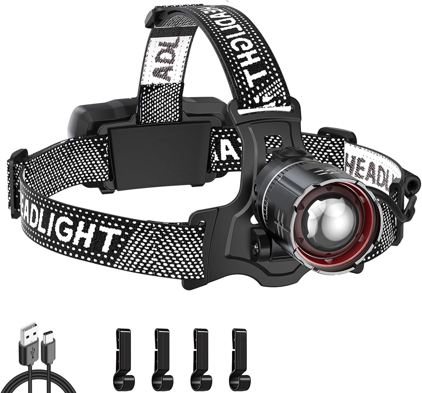 Super Bright LED Headlamp, High Lumen Rechargeable Head Lamp with Motion Sensor, 5 Modes, IPX5 Waterproof, 90° Adjustable, Zoomable Head Lights for Adults, Hard Hat, Outdoor, Camping