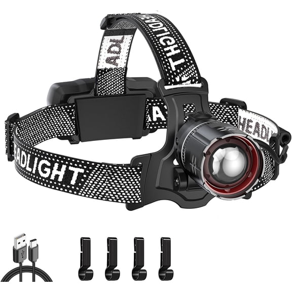 Super Bright LED Headlamp, High Lumen Rechargeable Head Lamp with Motion Sensor, 5 Modes, IPX5 Waterproof, 90 Adjustable, Zoomable Head Lights for Adults, Hard Hat, Outdoor, Camping