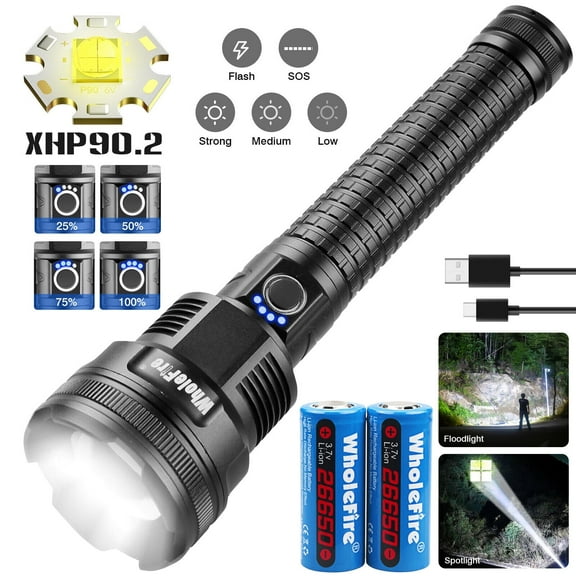 Super Bright LED Rechargeable Flashlight 120000 Lumens 5 Modes Waterproof XHP90.2 Flashlight USB Charging High Power Flashlight