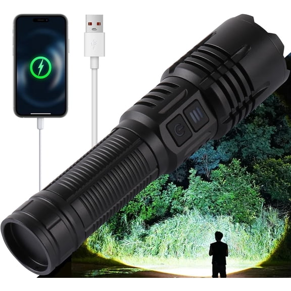 Super Bright LED Rechargeable Flashlights,Zoomable Tactical Flashlights with 6 Modes(UV lamp),6000LM High Powered Flashlight,Waterproof Flash Lights for Camping,Emergency,Outdoor(no Battery)
