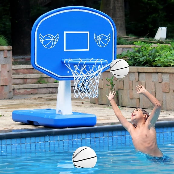 Super Bright Large Solar Powered Pool Basketball Hoop, LED Poolside Basketball Hoop for Pool, Swimming Pool Basketball Game Toys with Lengthen Sturdy Base for Kids and Adults, Includes 2 Balls and Pu