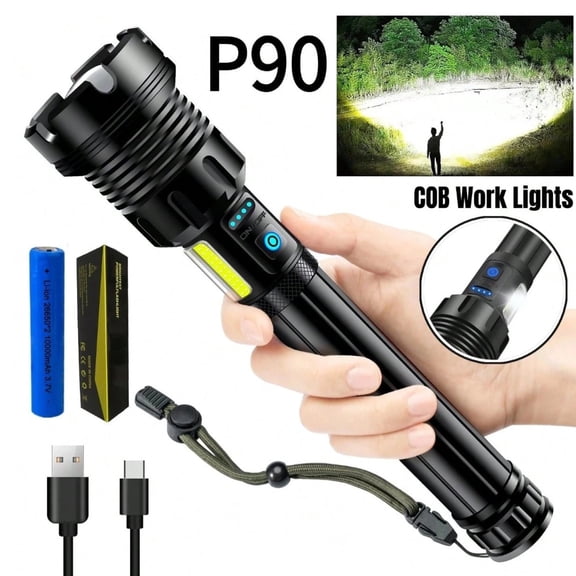 Super Bright P90 LED Tactical Flashlight, 7 Modes, XHP90 & COB Sidelight, USB Rechargeable, Zoomable, USB Output for Emergency, Camping, Garage  Security