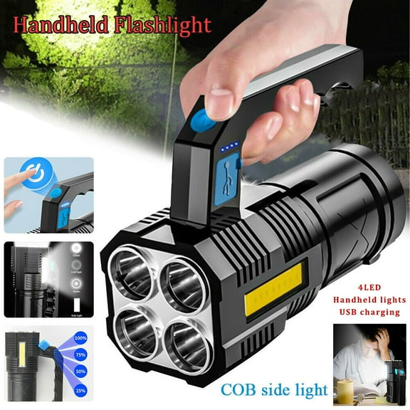 Super Bright Rechargeable Flashlight - 4 Lighting Modes (High/Low/Strobe/Side), IP44 Waterproof & USB Charging