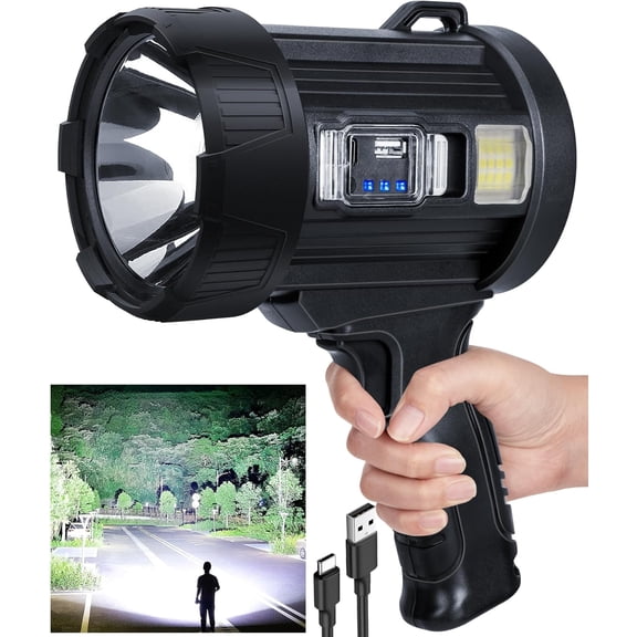 Super Bright Rechargeable Spotlight 2000000 Lumens Handheld LED Flashlight Powered Searchlight with Solar Panels for Outdoor Boating Camping Hunting