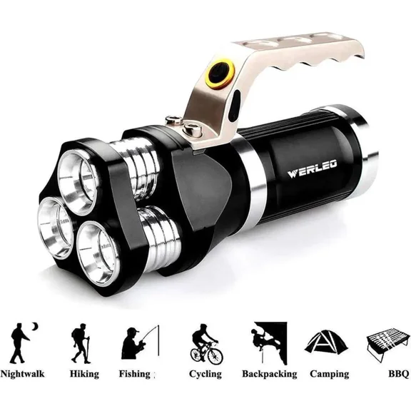 Super Bright Rechargeable Tactical LED Flashlight Torch Outdoor Waterproof High Powered Handheld Spotlight Searchlight Dimmable Floodlight For Camping Lantern Hiking Hunting Emergency