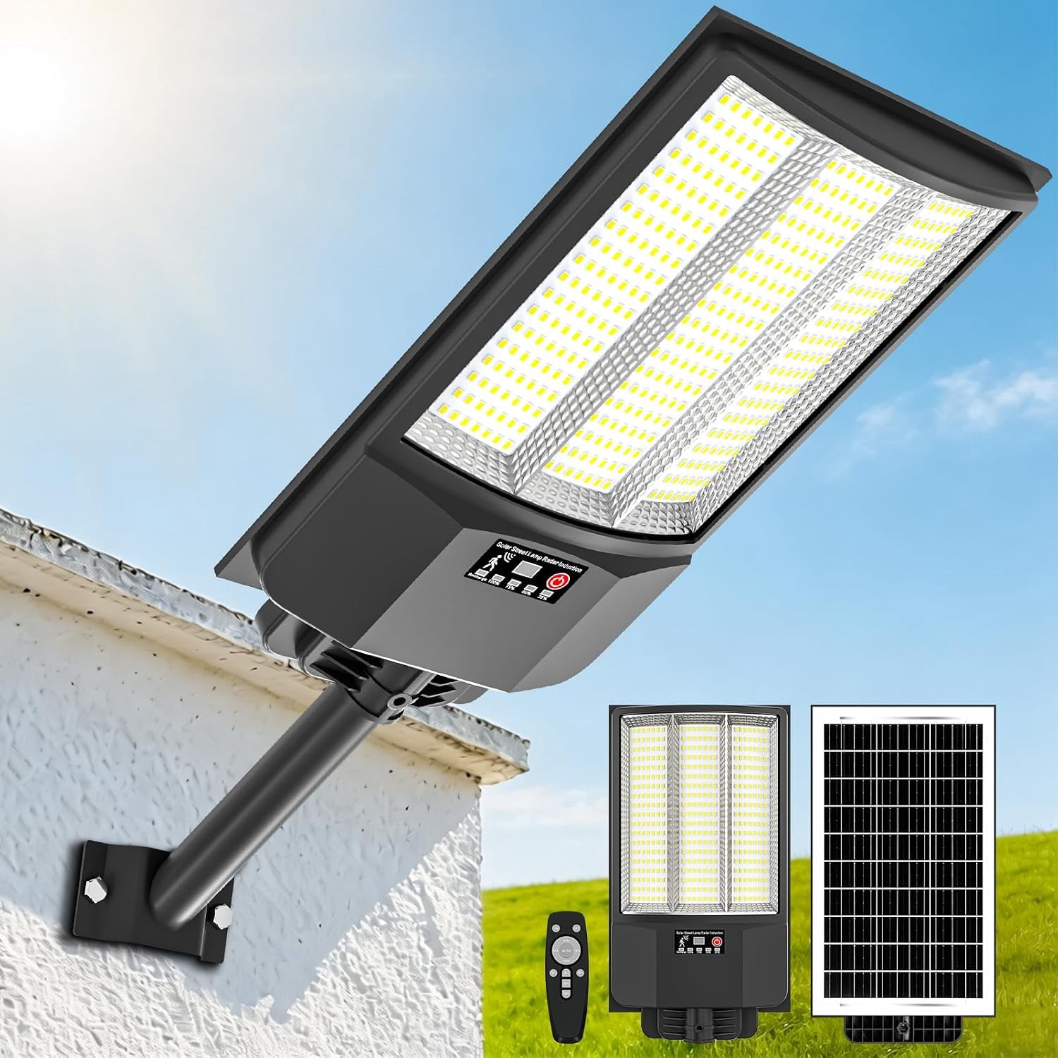 Super Bright Solar Street Lights, 150000LM 7000K Outdoor Solar Lights Dusk to Dawn, Solar Security Flood Lights with Remote Control for Yard, Parking Lot, Porch, Garages, Garden