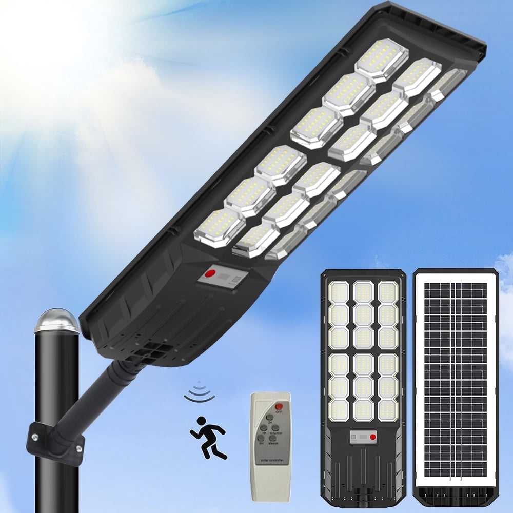 Solar Street Lights Metal Pole, 28000LM  Super Bright Solar Street Lights Outdoor, Motion Sensor Outdoor Street Lights, Waterproof Solar Flood Lights for Garden Area Lighting Yard, Dusk to Dawn