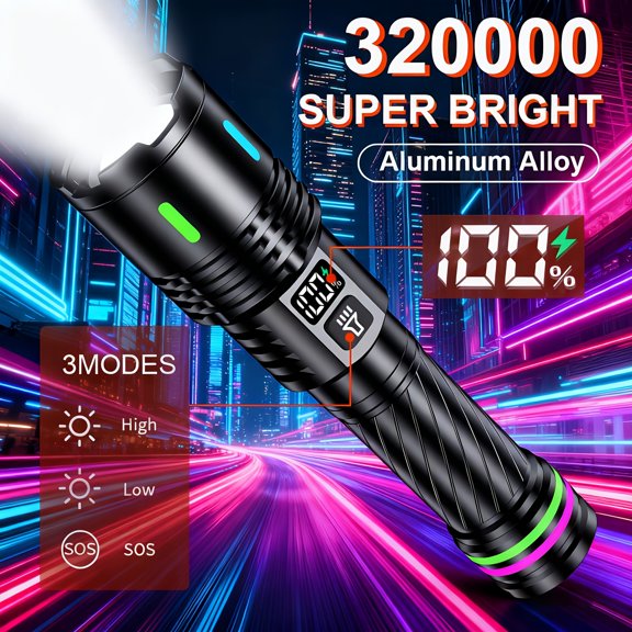 Super Bright USB-C Rechargeable LED Flashlight, High Lumens Tactical Torch, 3 Modes Zoomable Digital Display, for Camping, Fishing, Hunting, Climbing Fathers Day Gift