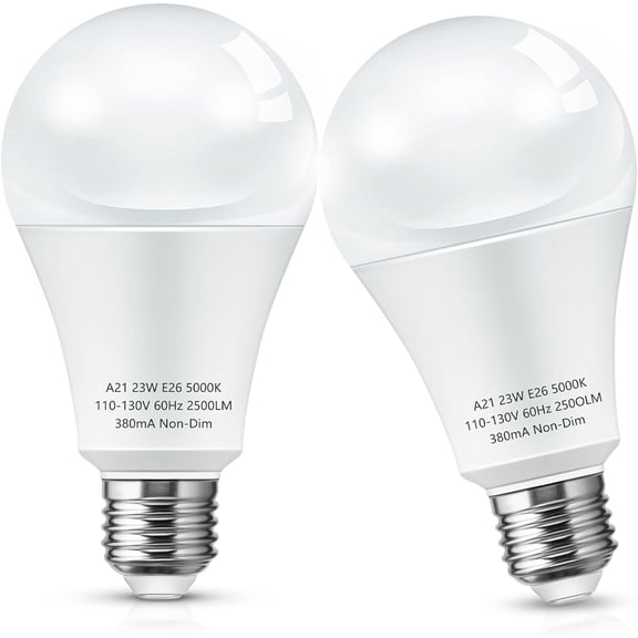 Super Bright White LED Light Bulb, A21 23W(150-200Watt Equivalent), 2500 High Lumen, 5000K Daylight, Garage Light Bulbs, E26 Porch Light Bulb, Non-Dim, No Flicker for Home Lighting, 2-Pack