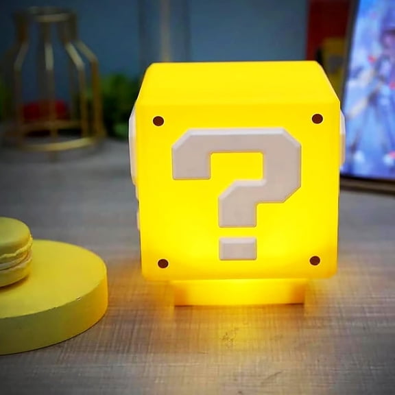 Super Bro Question Block Night Light,Question Mark Block Decorate Table Lamp with USB Power Cable, Yellow LED Night Lamp Box with Game's Gold Coin Sound Effects Party Gift