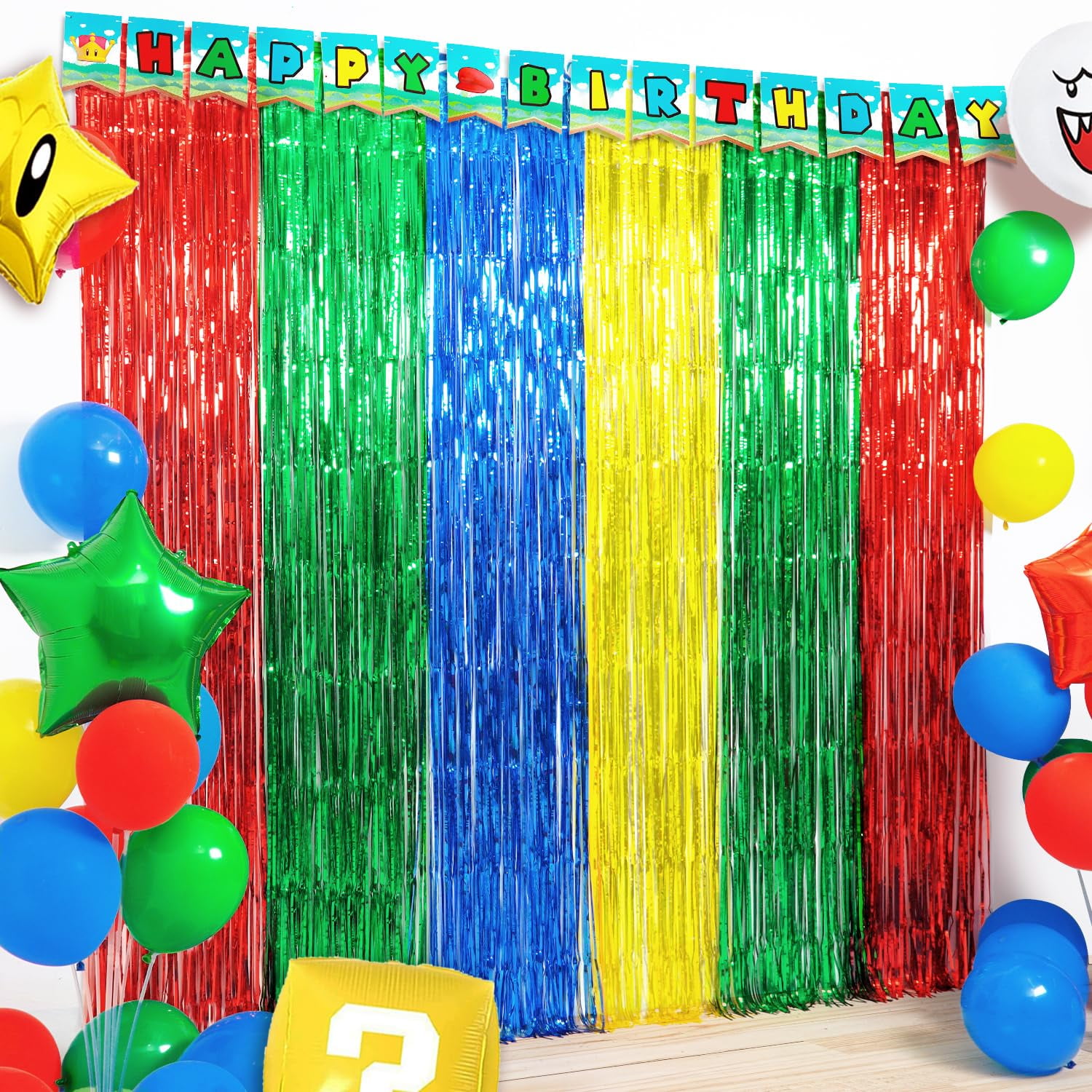 Super Bros Birthday Party Decoration, Including KKS1&nbsp;2Pack Red Yellow Foil Fringe Curtains, 1pc Mario Themed Birthday Banner & 22pcs Balloons for Video Game Mario Theme Birthday Party Supplies