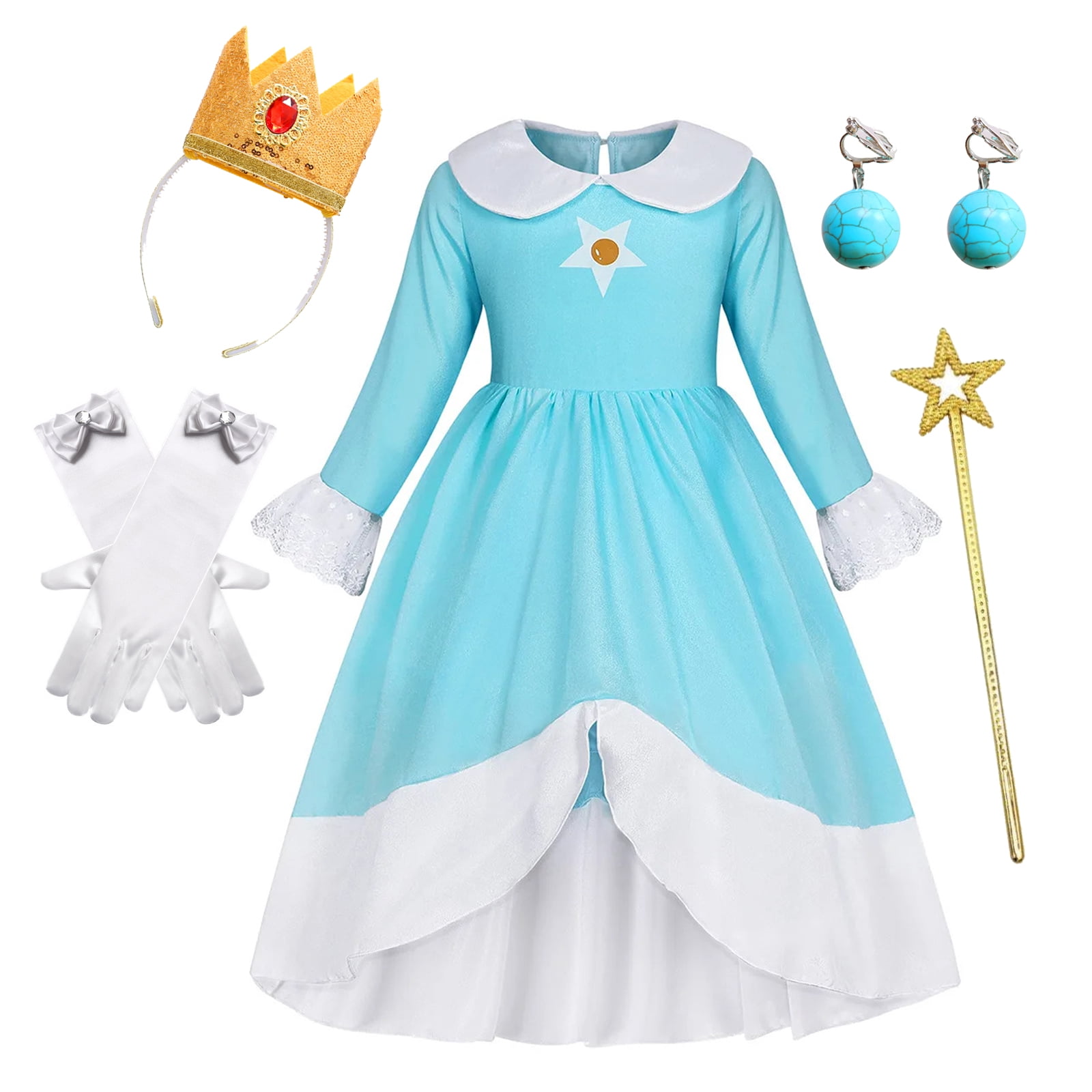 Super Bros blue Princess Peach Costume for Girls Birthday Halloween Christmas Cosplay Dress Up with Rich Accessories