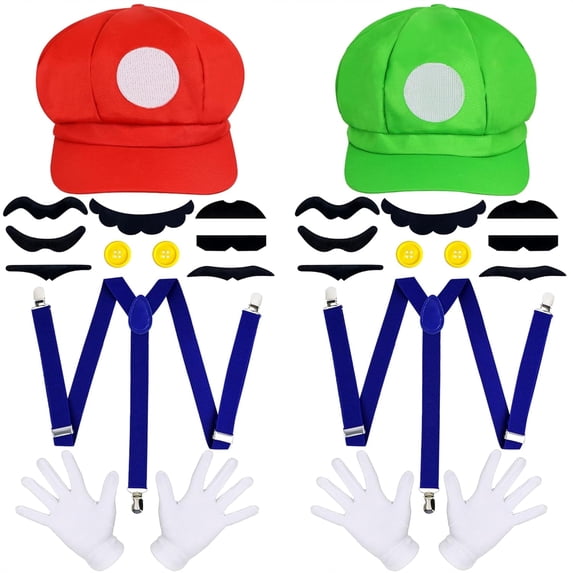 Super Brother Costume, Super Bros Hat Mustache Gloves Suspenders Buttons Sets for Halloween Party Cosplay