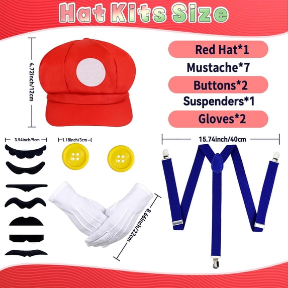 Super Brother Costume, Super Bros Hat Mustache Gloves Suspenders Buttons Sets for Halloween Party Cosplay