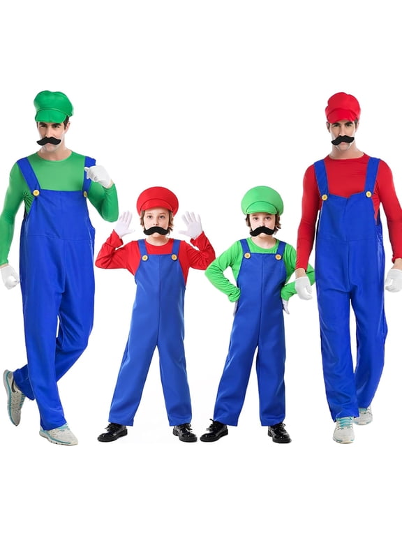 Super Brothers Costume Halloween Cosplay Jumpsuits with Hat and Mustaches, Festivals and Carnivals, Fancy Dress Outfits Halloween Costumes, Family Matching Halloween Cosplay Outfits