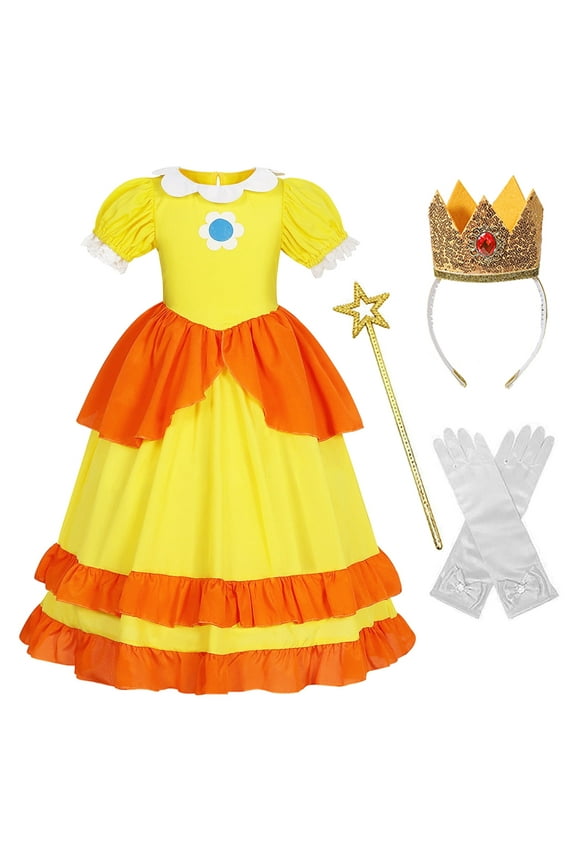 Girls Princess Daisy Costume Set, Kids Halloween Fancy Dress Crown Headband Gloves Wand Suit 3-12Years