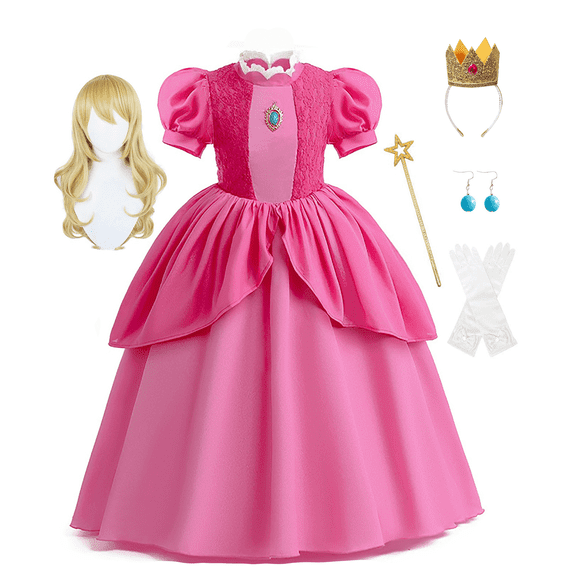 Girls Princess Dress with Accessories, Wig Costume for Kids Birthday Party Christmas Gift 3-12 Years