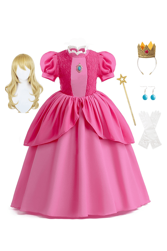 Girls Princess Dress with Accessorie, Peach Costume for Kids Birthday Party Christmas Gift 2-12 Years