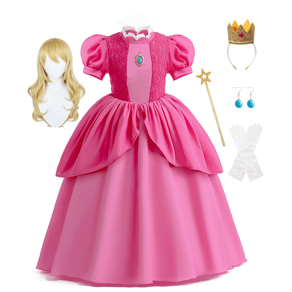 Girls Princess Dress with Accessorie, Peach Costume for Kids Birthday Party Christmas Gift 2-12 Years