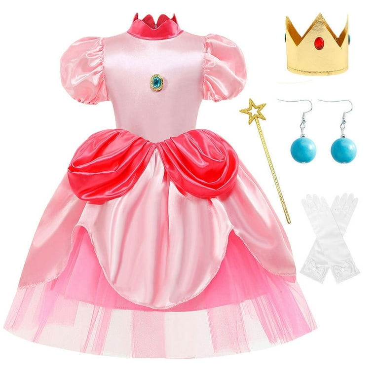 Women Princess Cosplay Costume Pink Peach Dress with Crown Underskirt and  Gloves