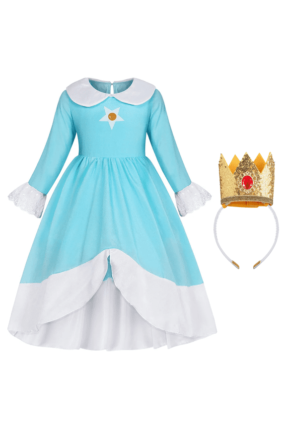 Girls Princess Costume Set, Dress Crown Headband Suit for Kids, Children's Fancy Birthday Party Gift Blue 7-8Y