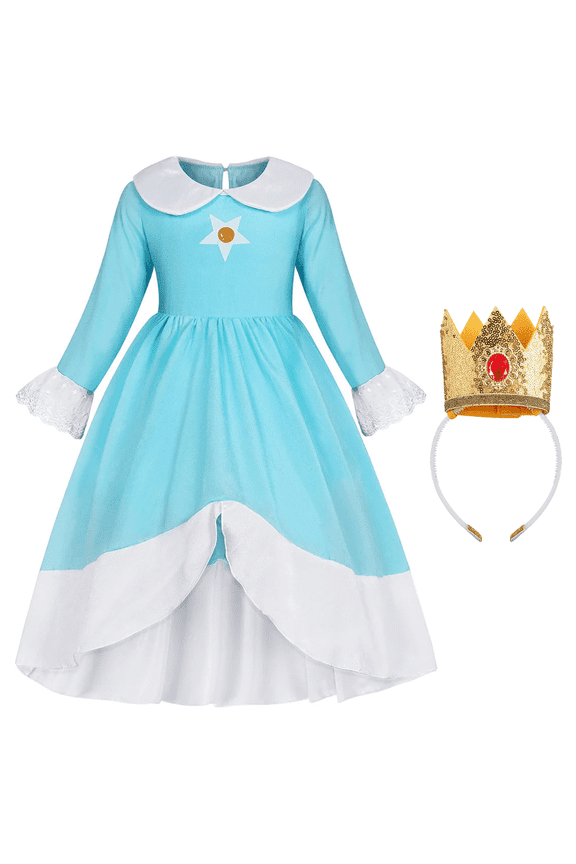 Girls Princess Costume Set, Dress Crown Headband Suit for Kids, Children's Fancy Birthday Party Gift Blue 7-8Y