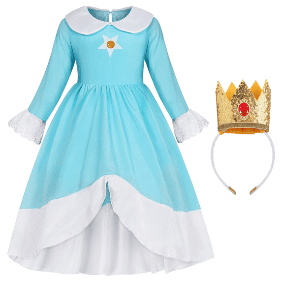 Girls Princess Costume Set, Dress Crown Suit for Kids, Children's Fancy Birthday Party Gift Blue 3-4T