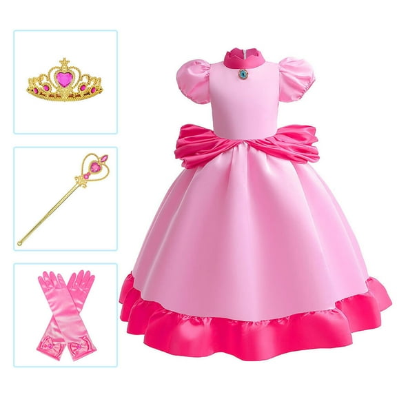 Super Brothers Peach Costume for Girls, Halloween Princess Party Outfit, with Accessories