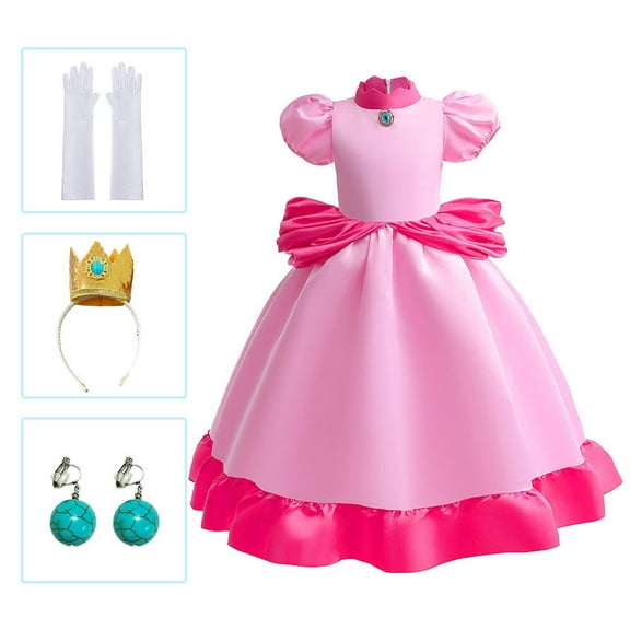 Super Brothers Peach Costume for Girls, Halloween Princess Party Outfit, with Accessories