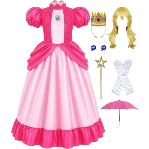 Super Brothers Princess Costume Dress Set with Crown, Wig, Gloves and Umbrella for Halloween Cosplay