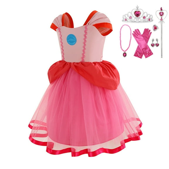 Super Brothers Princess Peach Costume Halloween Christmas Cosplay for Little Girls Dress with Jewelry Accessories