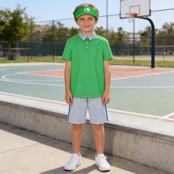 Super Brothers Sports Series Cosplay Costume - Red & Green Long Collar Polo Shirt and Shorts Sports Suit - Video Game Plumber Character Athletic Outfit with Visor Hat Set