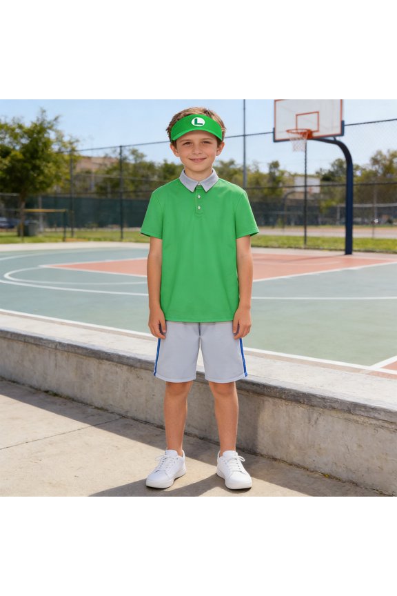 Super Brothers Sports Series Cosplay Costume - Red & Green Long Collar Polo Shirt and Shorts Sports Suit - Video Game Plumber Character Athletic Outfit with Visor Hat Set