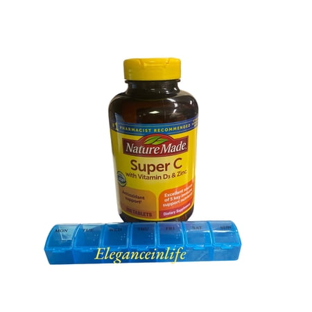 Super C with Vitamin D3 & Zinc Antioxidant Support 200 Tablets with 1 Multicolor Eleganceinlife Weekly Pill Planner