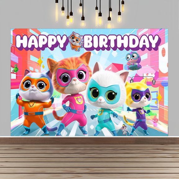 Super Cat Happy Birthday Anime Cartoon Theme Backdrops Banner Birthday Party Decor Supplies(5x3ft)