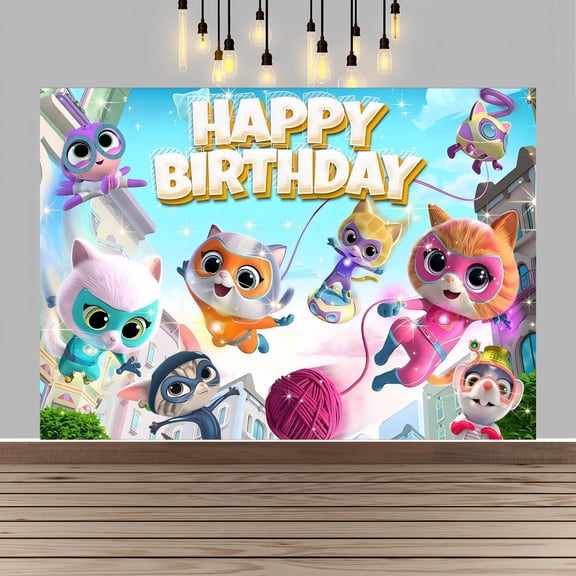 Super Cat Happy Birthday Anime Cartoon Theme Backdrops Banner Birthday Party Decor Supplies(5x3ft)