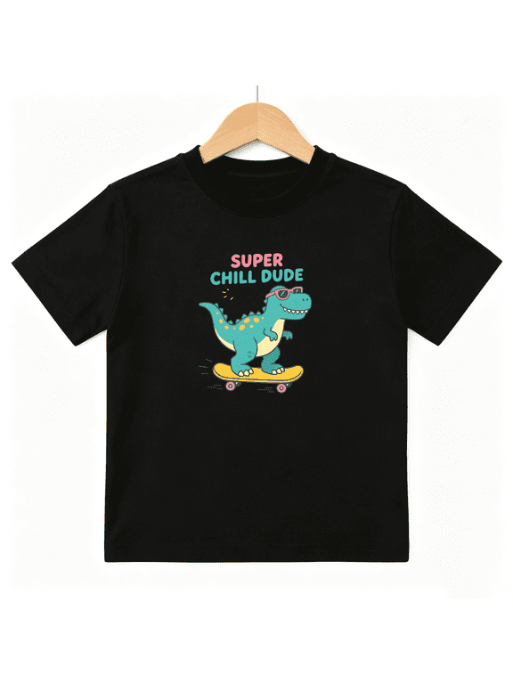 Super Chill Dude Dinosaur Skateboard Boys Graphic Tee, Cool 100% Cotton Kids Short Sleeve T-Shirt 4-13Y