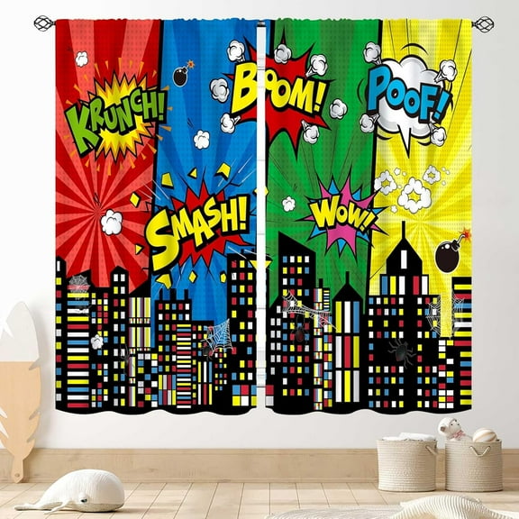 Super City Hero Curtain, Comic Style Cityscape Skyline Buildings Cartoon Window Curtains for Boys Kids Teens Baby Room Bedroom Living Nursery 2 Panel Sets, 52"x84" Inch