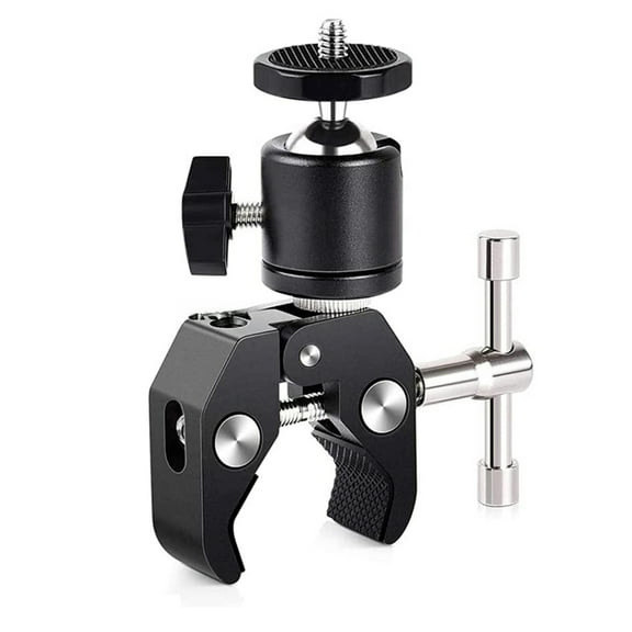Super Clamp with 360 Mini Ball- Quick Release Clamp Bracket Tripod Mount 1/4 Screw Clip for DSLR Camera,1 x Crab Claw Clamp 1 x Gimbal Bracket 1 x Screw,Black