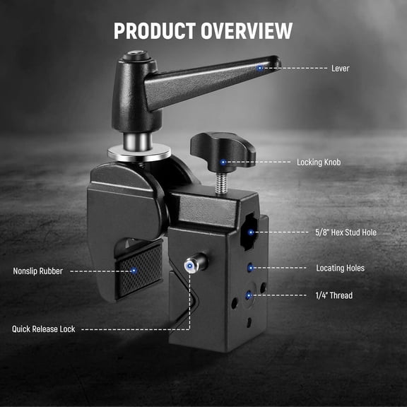 Super Clamp with 5/8" Stud, Spring Lock, 2.4"/6cm Jaw Grip Heavy Duty Crab Pole Clamp for Round Pipe Flat Surface, for Photography Studio Camera & Lighting Mounting, Max Load 33lb/15kg, UA017