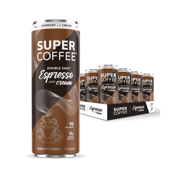 Super Coffee Espresso with Cream, Iced Espresso Can, 11 fl oz, 12 Pack, 150 mg Caffeine, Cow Milk