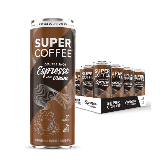 Super Coffee Espresso with Cream, Iced Espresso Can, 11 fl oz, 12 Pack, 150 mg Caffeine, Cow Milk