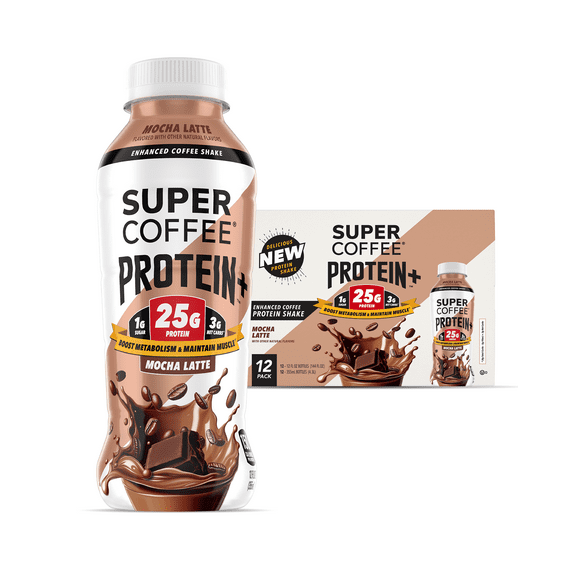 Super Coffee Protein+ Mocha Iced Coffee Bottle, 12 fl oz, 12 Pack, 25g Protein, Cow Milk